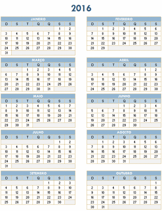 Calendário anual 2016-2025