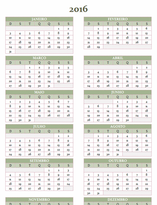 Calendário de 2016-2025 (dom-sáb)