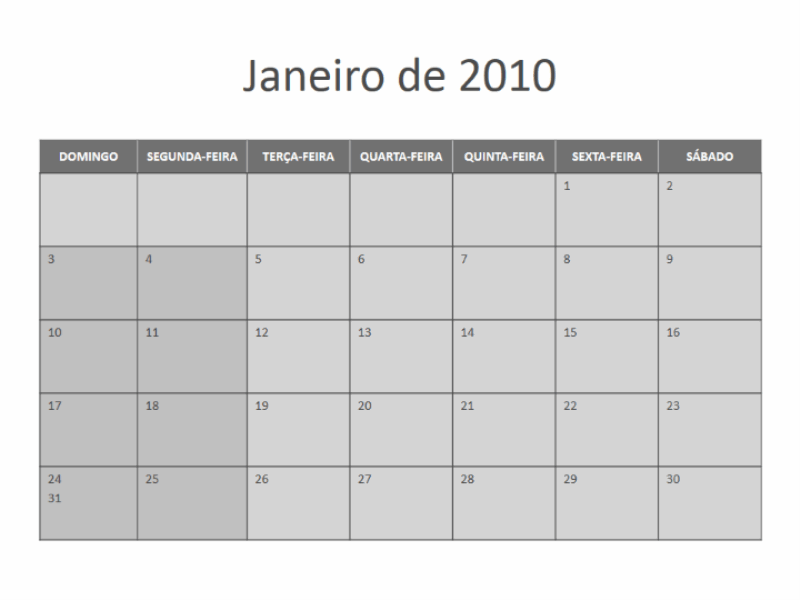 Calendário de 2010 (segunda a domingo)