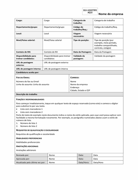 Formulário de descrição do trabalho