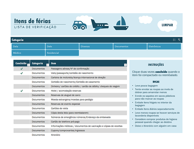 Lista de verificação de férias Lista de verificação de férias