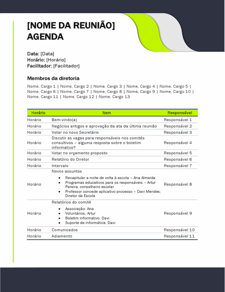 Agenda da reunião de educação