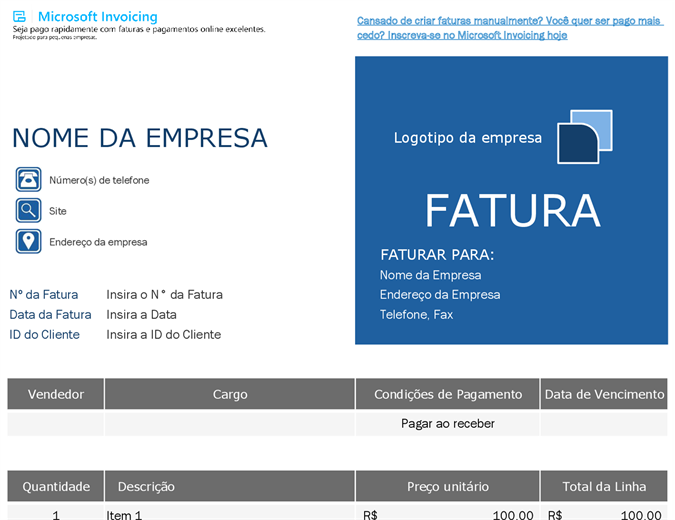 Fatura da ordem com o faturamento da Microsoft