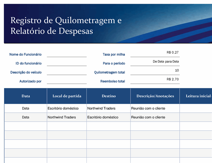 Registro azul de quilometragem e relatório de despesas