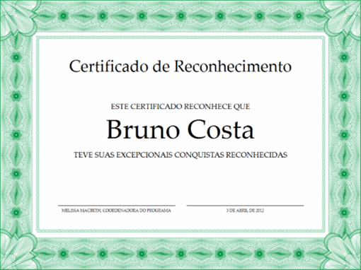 Certificado de Reconhecimento (borda formal verde)