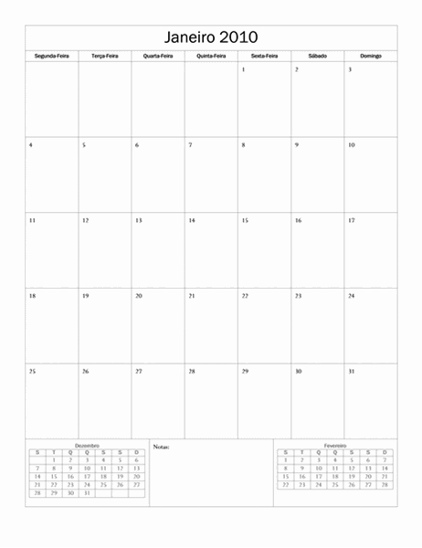 Calendário de 2010 (design Básico, Seg-Dom)