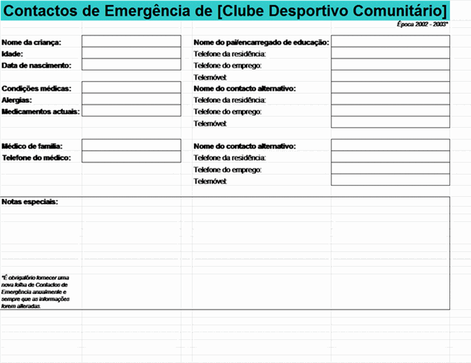 Lista de contactos de emergência da comunidade desportiva