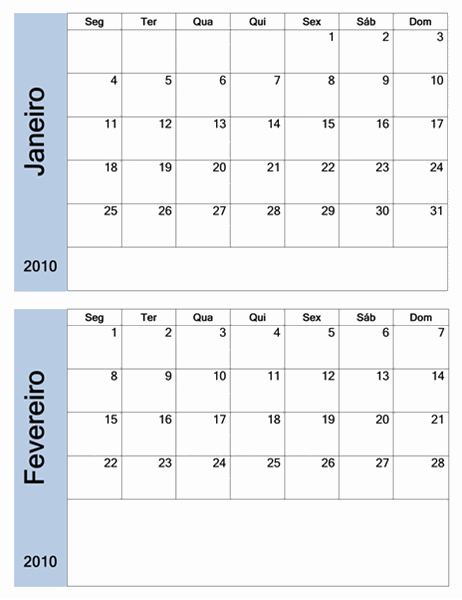 Calendário de 2010 com limite azul (6 págs, Seg-Dom)