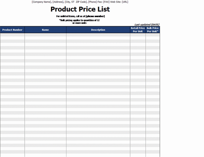 Lista de preços dos produtos