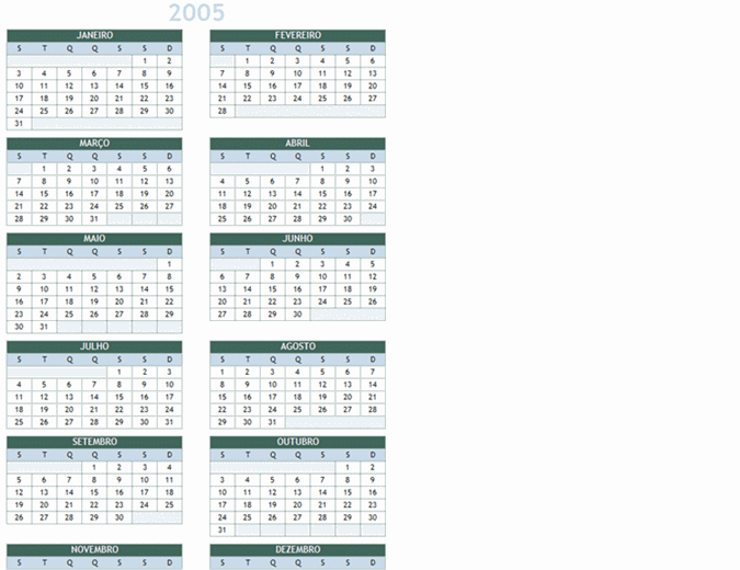 Calendário anual de 2005-2014 (Seg.-Dom.)