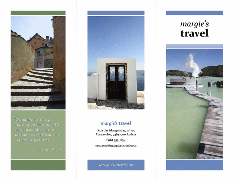 Brochura de viagens dobrada em três (design azul, verde)