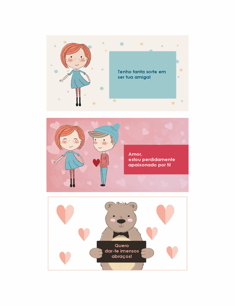 Cartões do Dia de S. Valentim para crianças (12 desenhos, 3 por página)