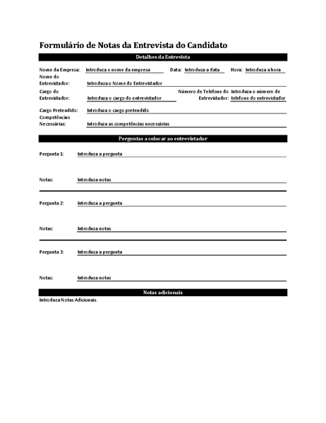 Formulário de notas da entrevista do candidato Formulário de notas da entrevista do candidato