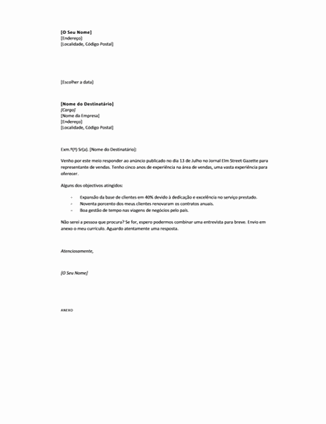 Carta de apresentação curta para responder a um anúncio