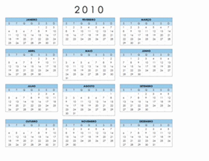 Calendário de 2010 (1-pág., horizontal, Seg-Dom)