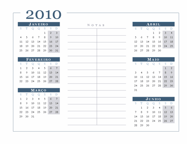 Calendário de 2010 (6 meses/página, Seg-Dom)