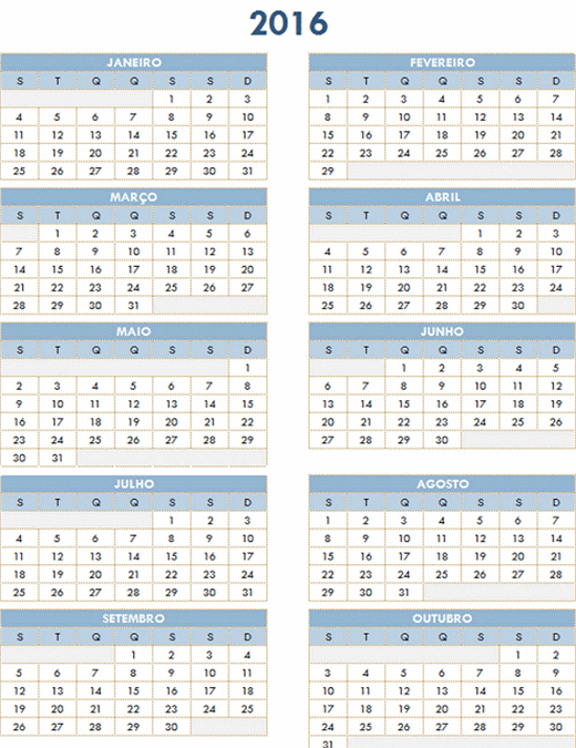 Calendário anual de 2016-2025