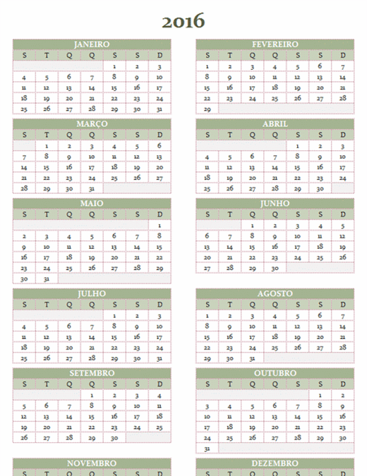 Calendário anual 2016-2025 (segunda a domingo)