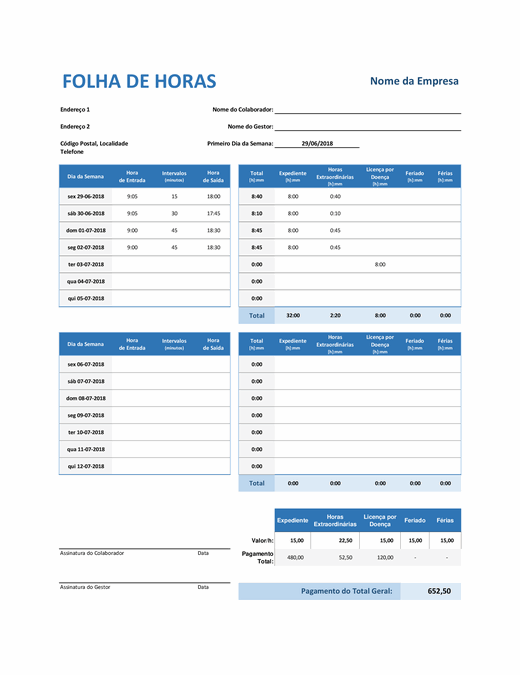 Folha de Horas Semanais Folha de Horas Semanais