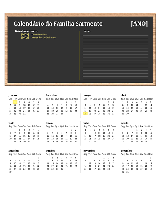 Calendário de família (qualquer ano, de segunda-feira a domingo) Calendário de família (qualquer ano, de segunda-feira a domingo)