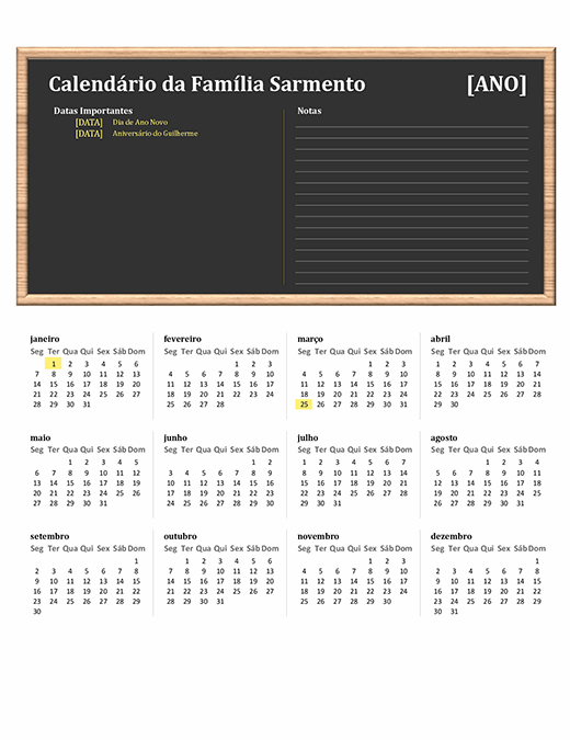Calendário de família (qualquer ano, de segunda-feira a domingo)