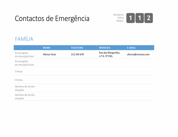 Lista chamativa de contactos de emergência