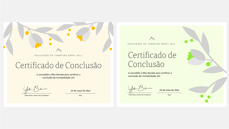 Certificado de conclusão com ramos em flor 