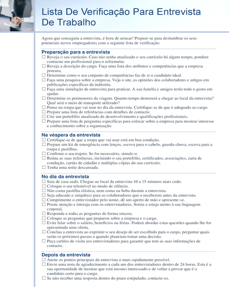 Lista de verificação para entrevista de trabalho Lista de verificação para entrevista de trabalho