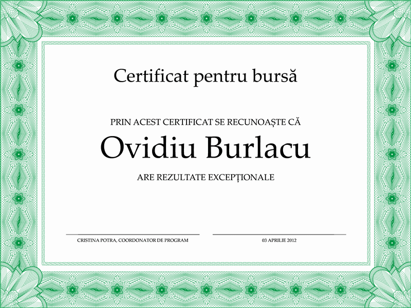 Certificat pentru bursă (bordură verde oficială)