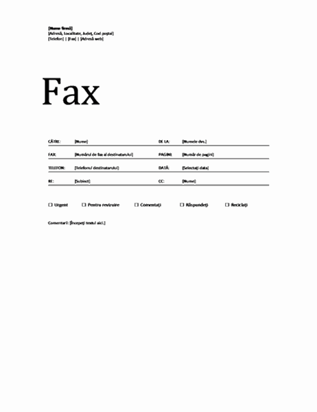 Foaie de pagină de însoțire fax