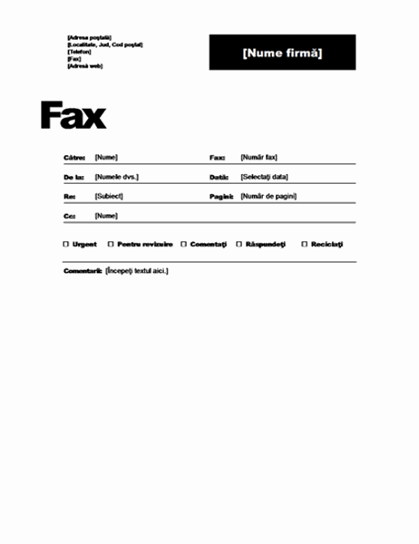 Pagină de însoțire fax