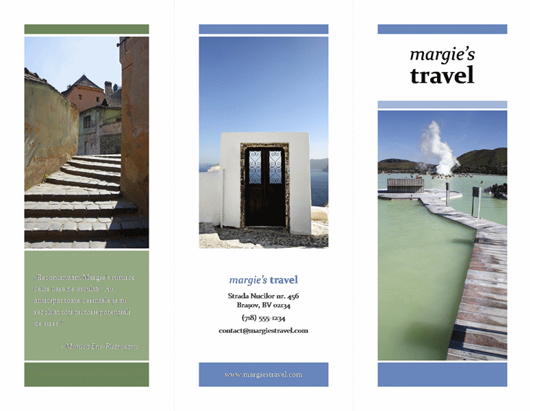 Broșură turistică pe trei coloane (proiectare în albastru și verde)