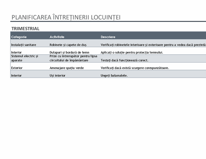 Planificarea întreținerii locuinței și listă de activități Planificarea întreținerii locuinței și listă de activități