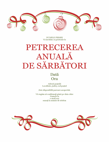 Invitație la petrecerea de sărbători, cu ornamente și panglică roșie (proiectare oficială)