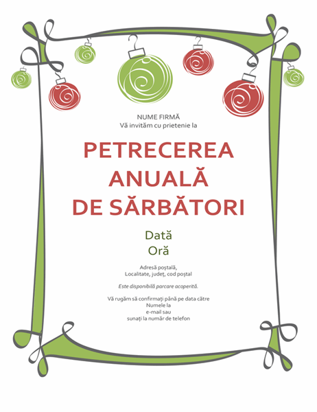 Invitație la petrecerea de sărbători, cu ornamente și bordură buclată (proiectare informală) Invitație la petrecerea de sărbători, cu ornamente și bordură buclată (proiectare informală)