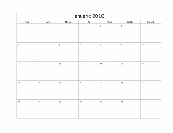 Calendar 2010 (Model simplu, Luni-Duminică)