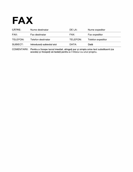 Pagină de însoțire fax (format standard)