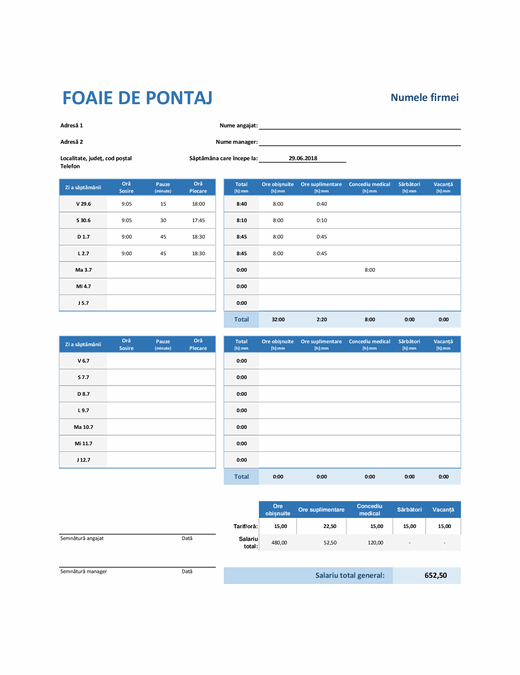 Foaie de pontaj săptămânală Foaie de pontaj săptămânală