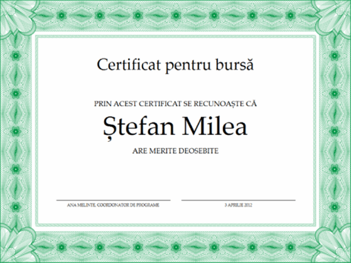 Certificat pentru bursă (bordură verde oficială)