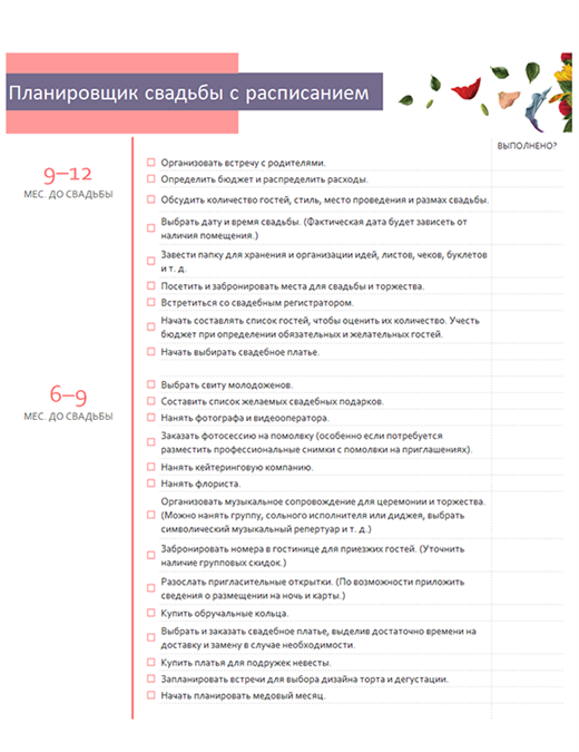 Планировщик свадьбы с расписанием Планировщик свадьбы с расписанием