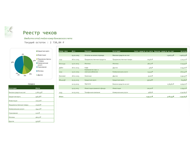 Реестр чеков с диаграммой