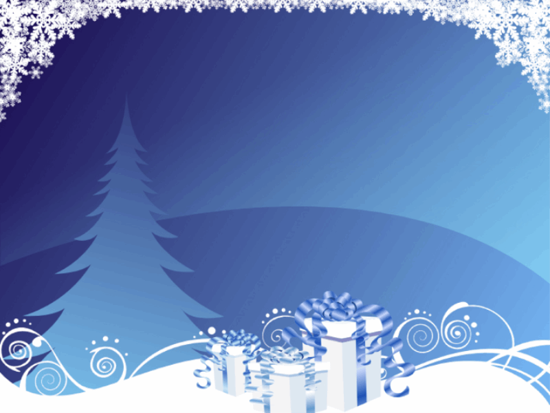 Шаблон оформления с елкой, подарками и снежинками