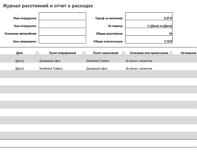 Бортовой журнал автомобиля excel