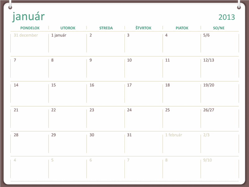 Kalendár na rok 2013 s dizajnom s dvoma kruhmi (pondelok až nedeľa)