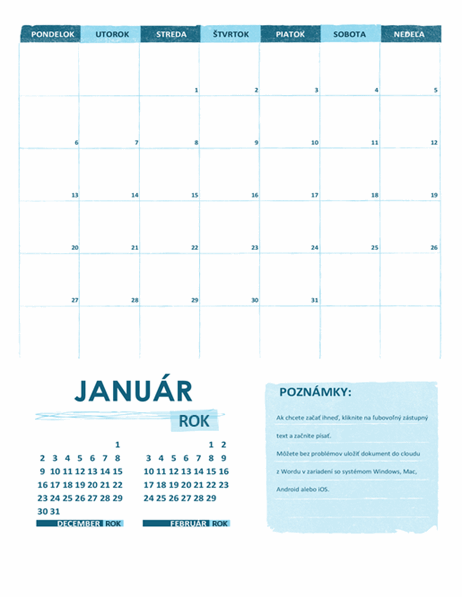 Akademický kalendár (jeden mesiac, ktorýkoľvek rok, začiatok v pondelok)