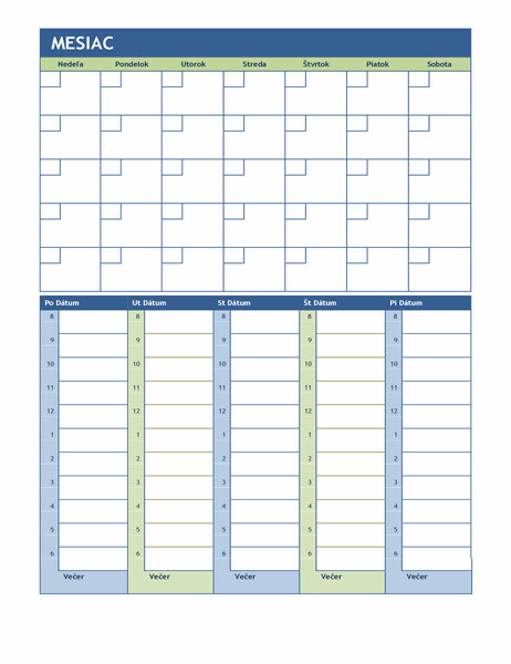Mesačný a týždenný plánovací kalendár