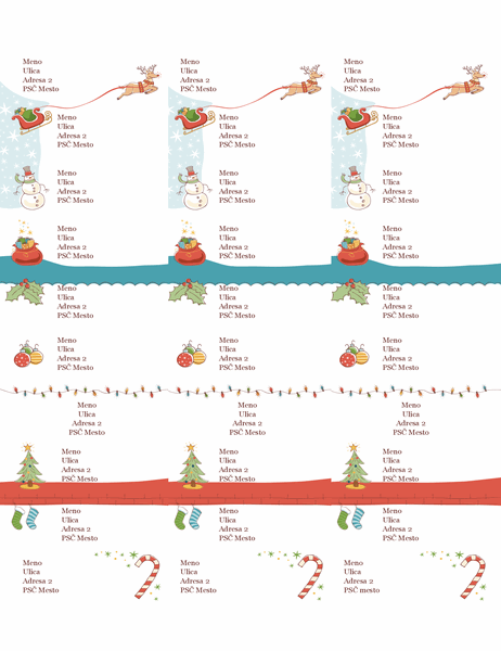 Menovky s adresami (vianočný návrh, 30 na stranu, určené pre papier Avery 5160)