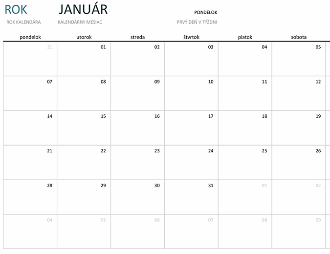 Jednomesačný kalendár na ľubovoľný rok