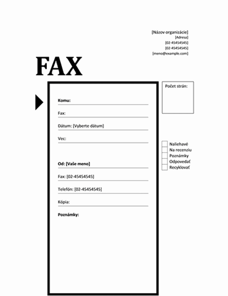 Úvodná strana faxu (technologický vzhľad)