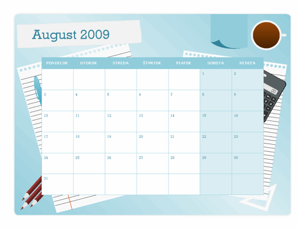 Vysokoškolský kalendár na rok 2009/2010 (od augusta po august, pondelok až nedeľa)